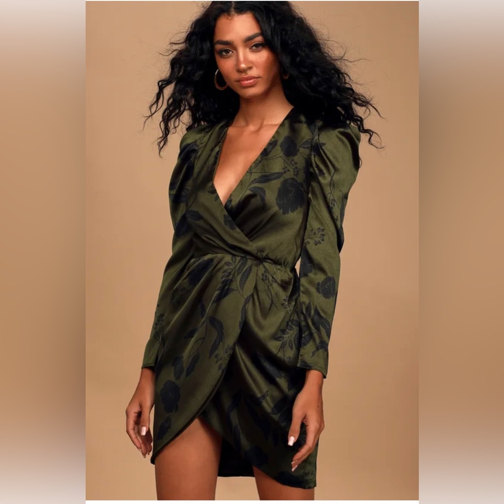 Jocelyne Olive Green Floral Print Long Puff Sleeve Mini Dress